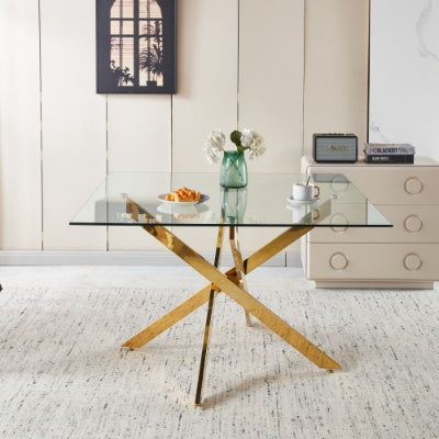Chrome Dining Table With Cross Metal Leg And Glass,Modern Space Saving Kitchen Table For Living Room,120x120x75cm Square Glass