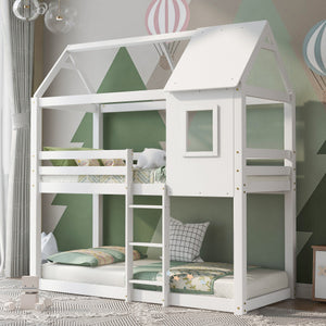 Bunk Bed, Children Cabin Bed, Single Bed For Kids, Twin Sleeper, Solid Pine Wood,3FT -White