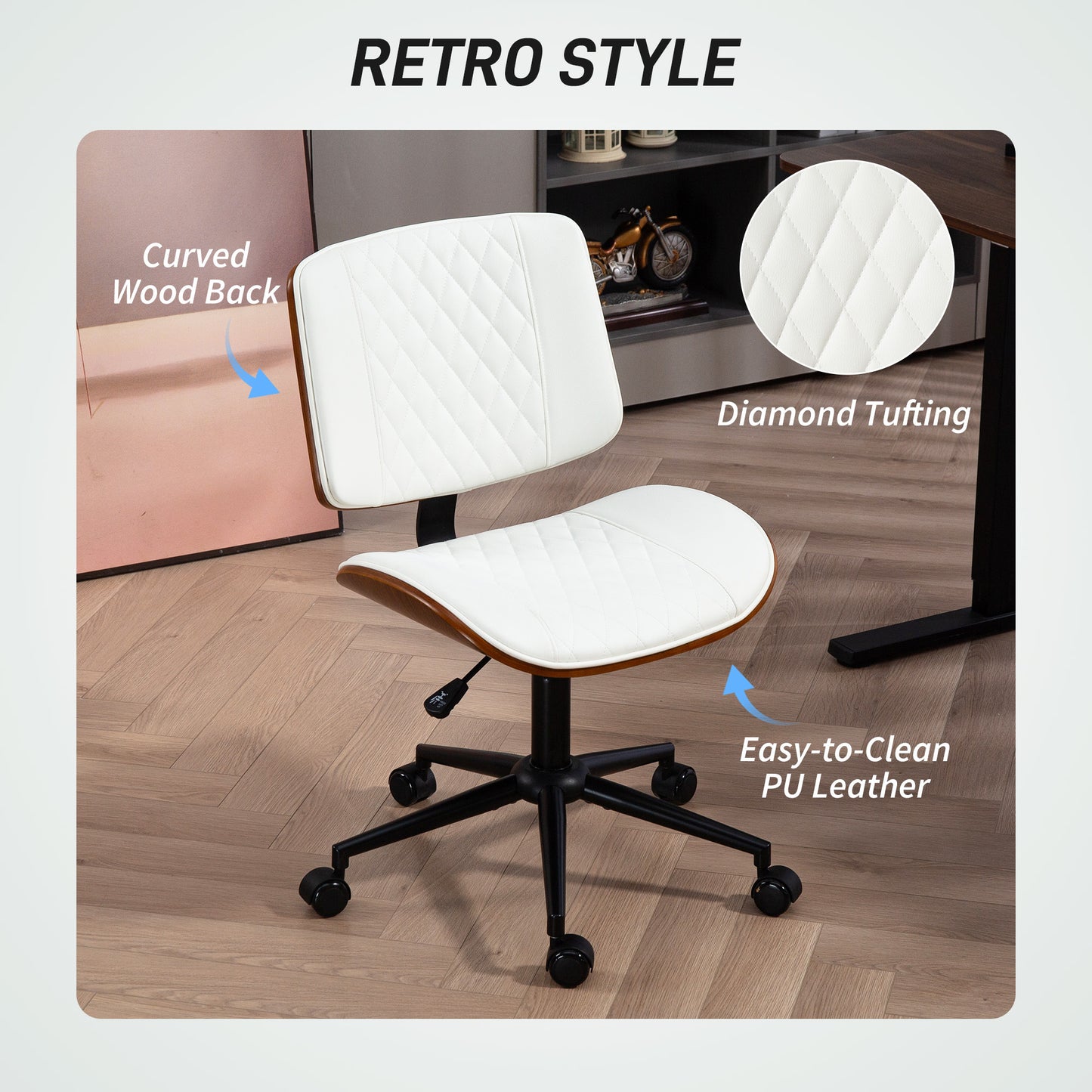Home Office Chair No Arms With Wheels, PU Leather Desk Chair With Adjustable Height, 360 Swivel For Reading, White