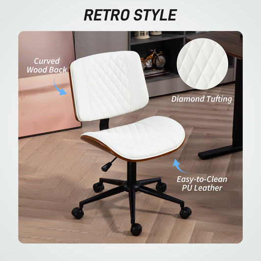 Home Office Chair No Arms With Wheels, PU Leather Desk Chair With Adjustable Height, 360 Swivel For Reading, White