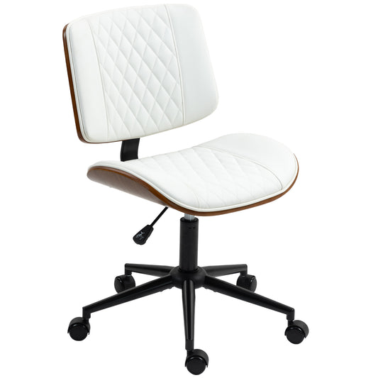 Home Office Chair No Arms With Wheels, PU Leather Desk Chair With Adjustable Height, 360 Swivel For Reading, White