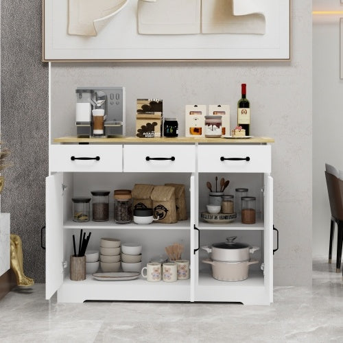Farmhouse Buffet Cabinet Storage Sideboard With 3 Drawers And 3 Doors For Dining Room, Living Room, Kitchen Cupboards - White