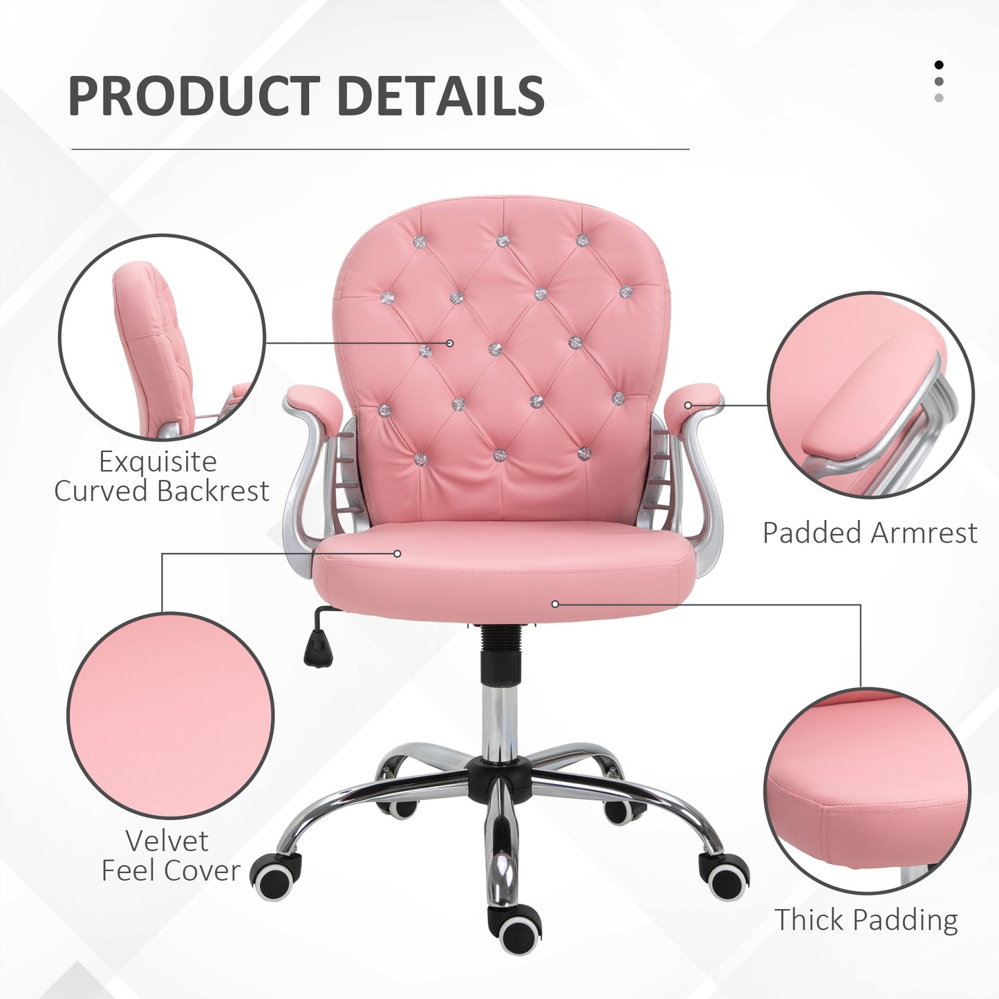 Vinsetto Vanity PU Leather Office Chair, Mid Back, Tufted Swivel Task Chair, Adjustable Height, Pink