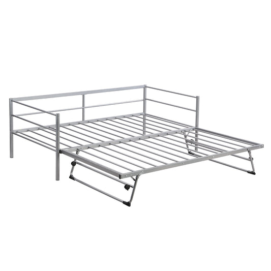 Twin Size Metal Daybed With Adjustable Trundle,  Up Trundle, Silver