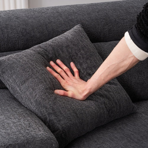 LY-029 GRAY COMPRESSION SOFA 4-seater Combined Sofa, Wood Grain Chenille Fabric, Full Sponge Compression Sofa,combined Sofa With 2 Pillows For Living  Home Furniture  Apartment