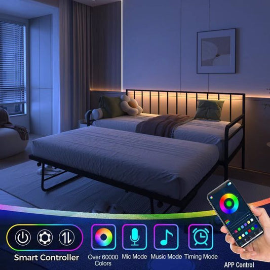 Double Sofa Bed With RGB LED Lights And Charging Station, Height Adjustable Sofa Bed Frame With Rollers, Suitable For Multifunctional Metal Sofa Bed Frame In Bedrooms, Living Rooms, And Guest Rooms, B