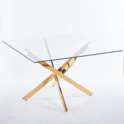Chrome Dining Table With Cross Metal Leg And Glass,Modern Space Saving Kitchen Table For Living Room,120x120x75cm Square Glass