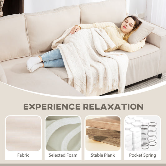 Corner Sofa With Reversible Chaise Lounge, Corduroy L-Shaped Sectional Sofa With Pocket Spring, Cream White