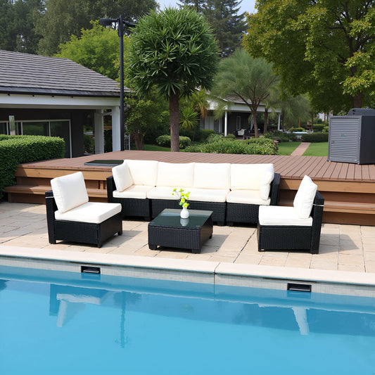 Hot Selling Seven-Piece Sofa Set Table With Sofa Chair Black PE Rattan Outdoor New Design Furniture 7-JH002 Box 3-1-2-3 With White Color Cushion