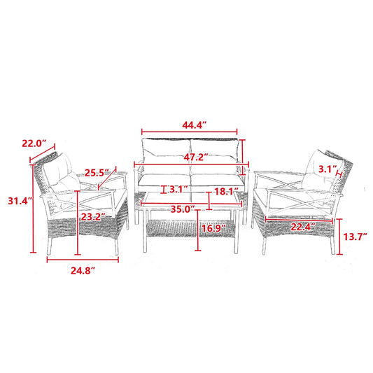 4-Piece Patio Sectional Low Dining Sofa Set - KD Rattan Wicker Outdoor Furniture