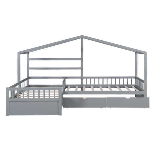 Twin Size House Platform Bed With Three Storage Drawers,Gray