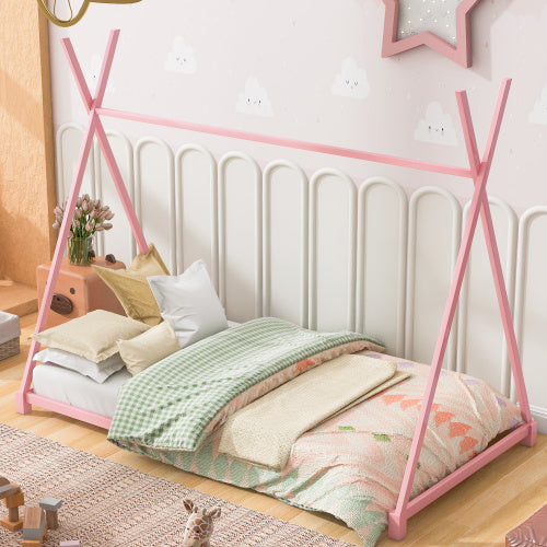 Metal Twin Size House Platform Bed With Triangle Structure