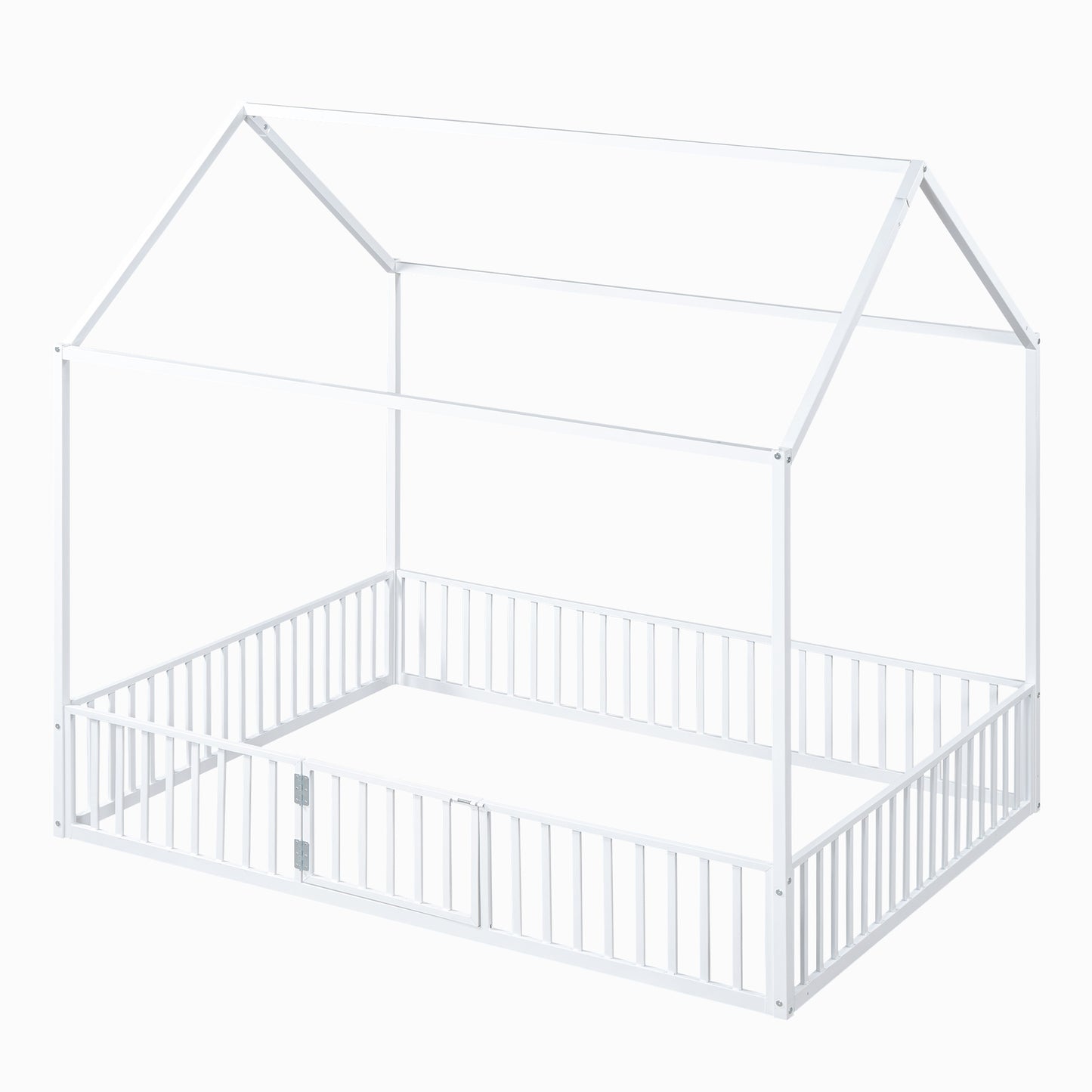 Full Size Metal House Bed With Fence And Door, White