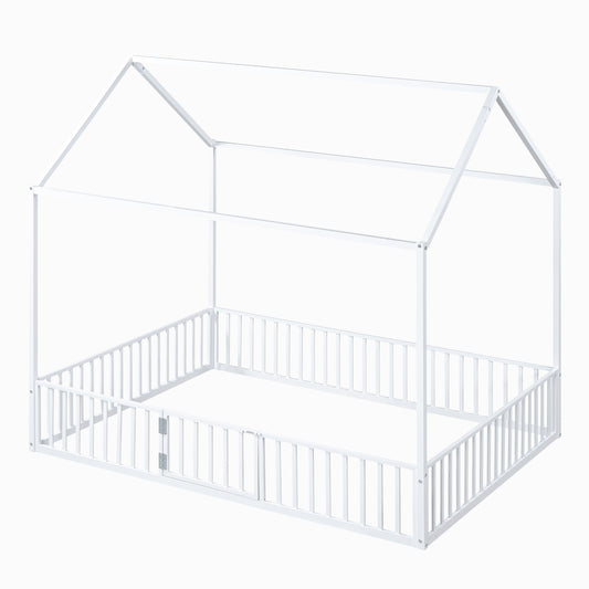 Full Size Metal House Bed With Fence And Door, White
