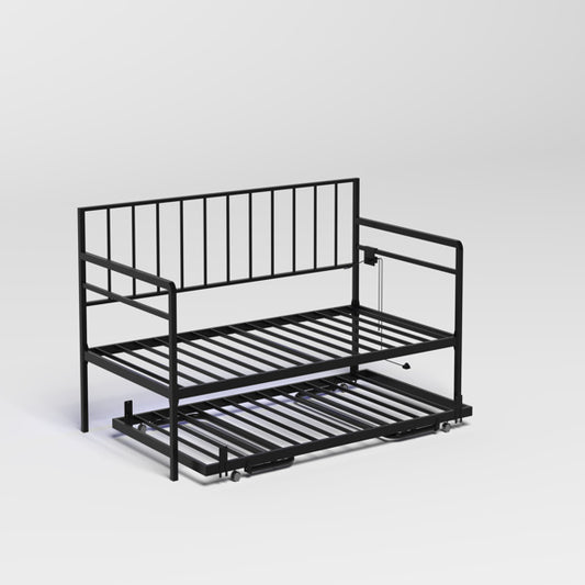 Double Sofa Bed With RGB LED Lights And Charging Station, Height Adjustable Sofa Bed Frame With Rollers, Suitable For Multifunctional Metal Sofa Bed Frame In Bedrooms, Living Rooms, And Guest Rooms, B