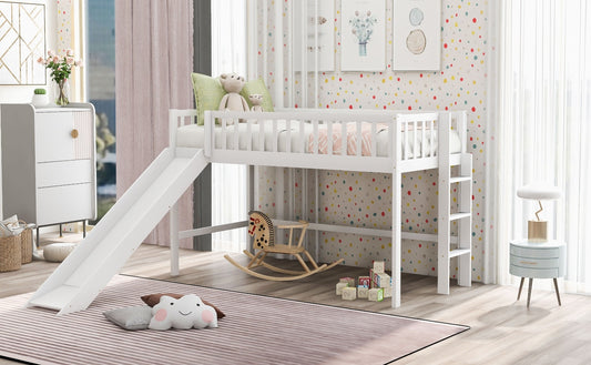 Twin Size Low Loft Bed With Ladder And Slide,White