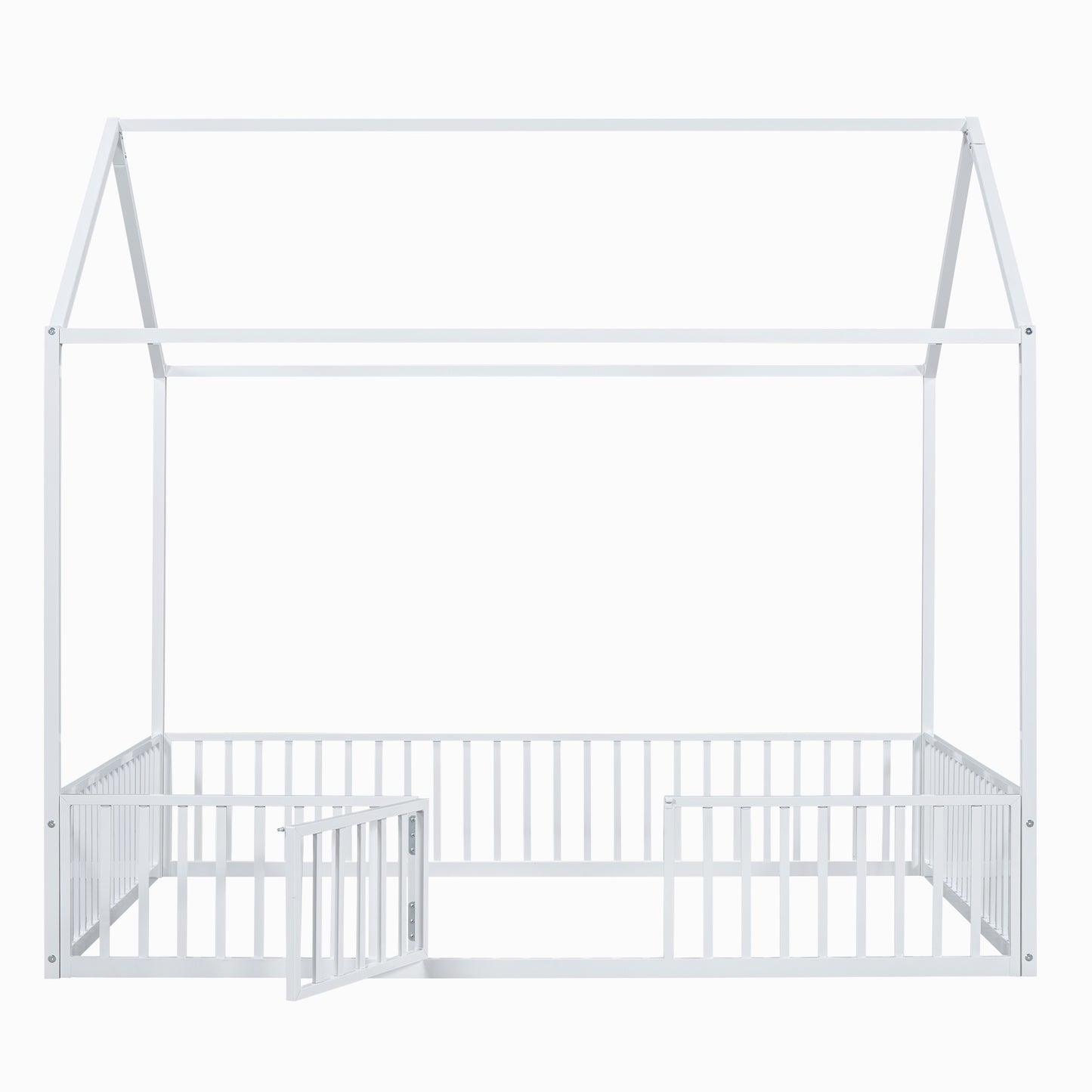 Full Size Metal House Bed With Fence And Door, White