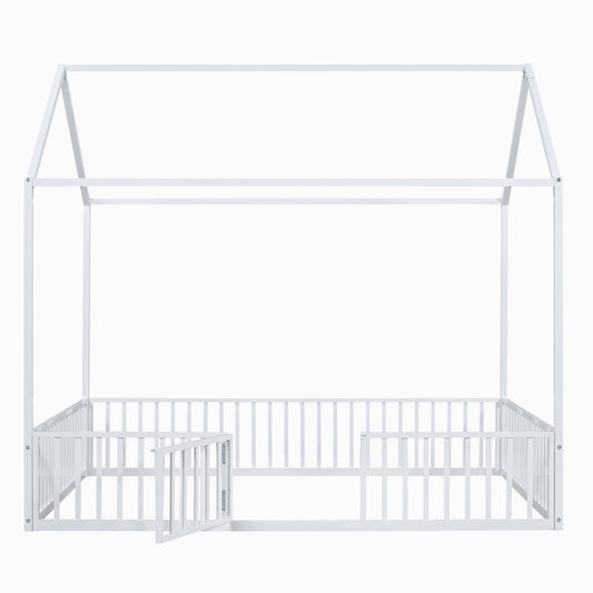 Full Size Metal House Bed With Fence And Door, White