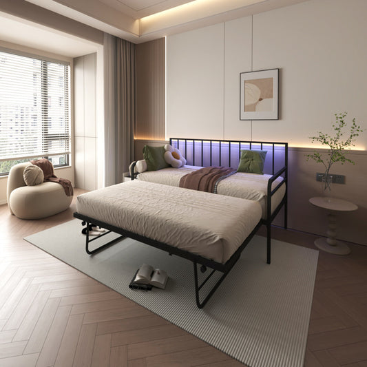Double Sofa Bed With RGB LED Lights And Charging Station, Height Adjustable Sofa Bed Frame With Rollers, Suitable For Multifunctional Metal Sofa Bed Frame In Bedrooms, Living Rooms, And Guest Rooms, B
