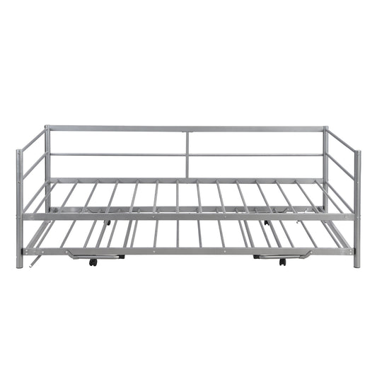 Twin Size Metal Daybed With Adjustable Trundle,  Up Trundle, Silver
